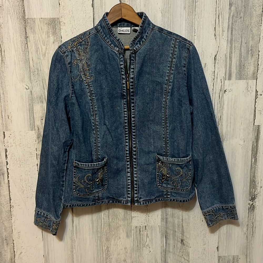 Z5 Chicos blue jean jacket paisley flower embroidery design pockets long sleeve - Picture 1 of 8